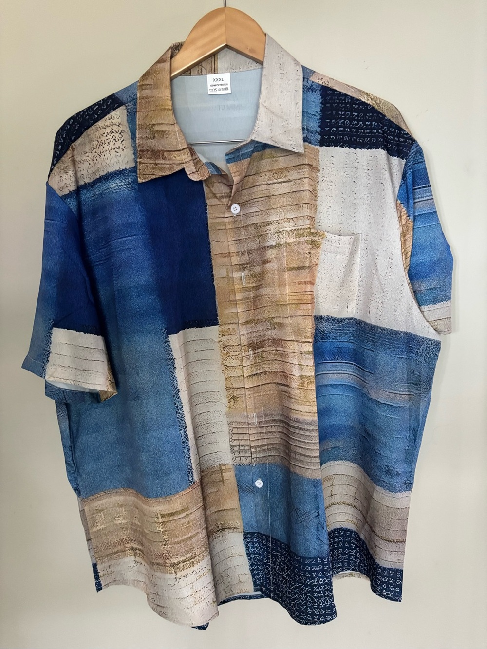 Men's Short Sleeve Patchwork Button-Up Shirt - Blue & Tan